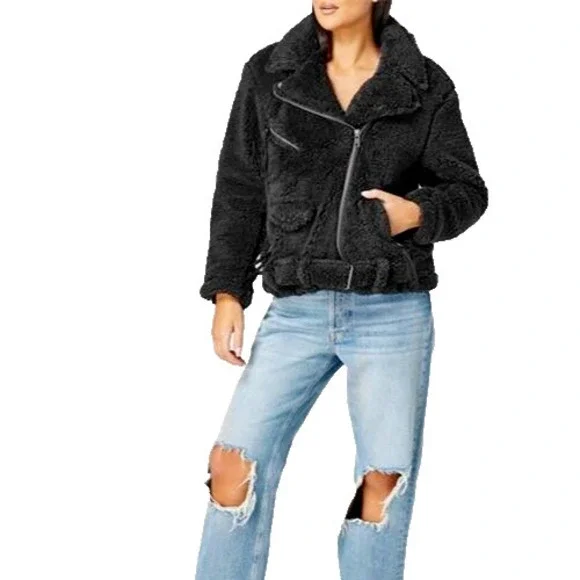 Free People Women's Black Faux Fur Full Zip Cozy Slouchy Moto Jacket Size XL - Picture 9 of 15